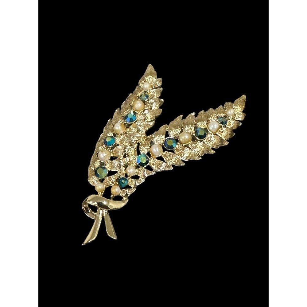 Vintage Feather Brooch Faux Pearl & Blue AB Rhinestones 2.5" Tall